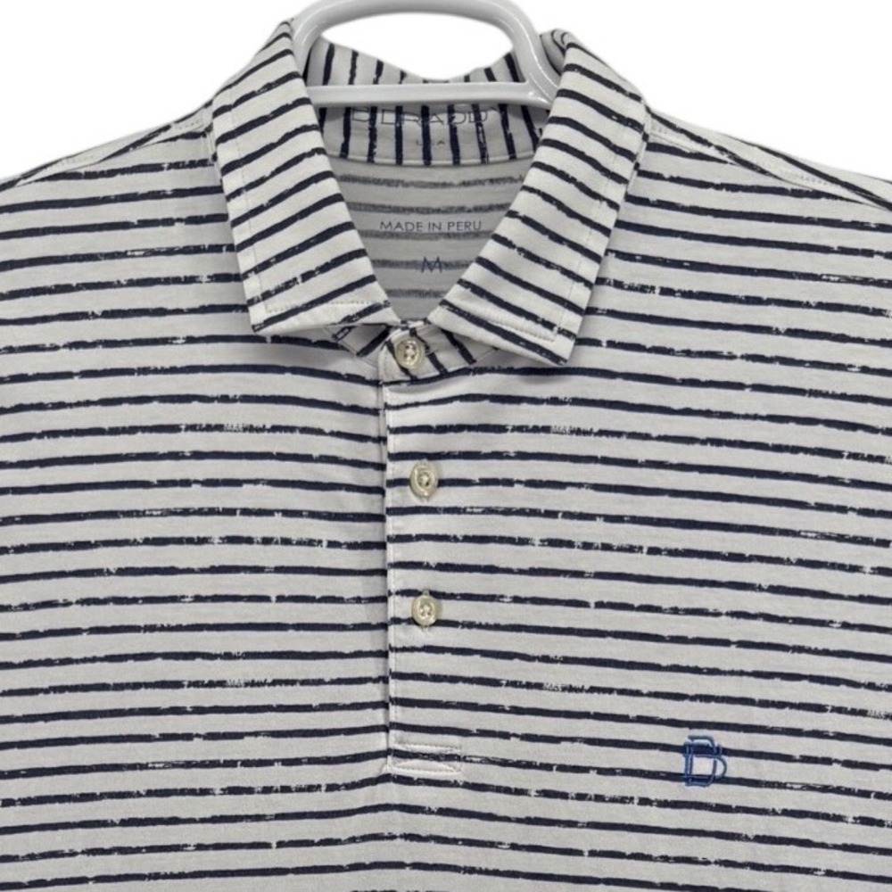 B. Draddy Mens Pima Cotton Striped Polo Shirt Short Sleeve White Navy Blue M